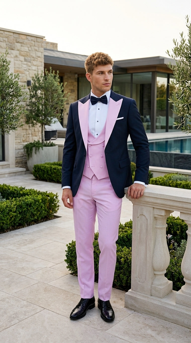Men’s Black and Pink 100% Wool Vested Tuxedo, Peak Lapel Wedding Prom Formal Suit Set