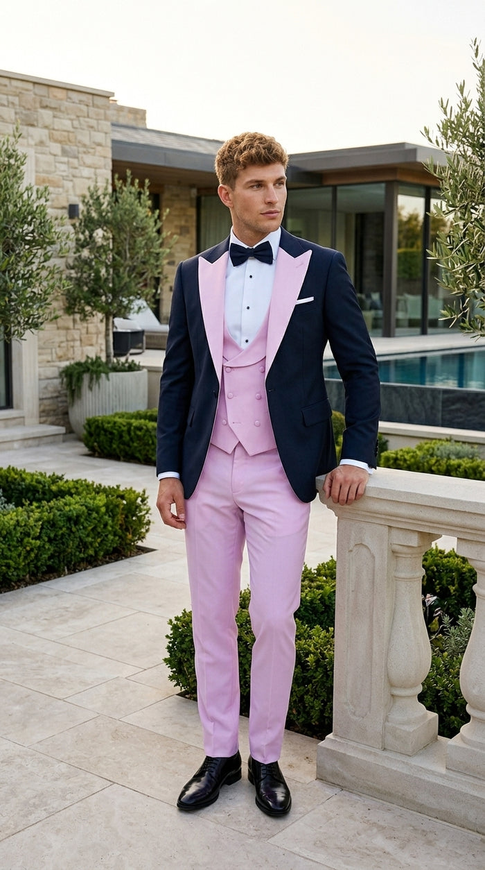 Men’s Black and Pink 100% Wool Vested Tuxedo, Peak Lapel Wedding Prom Formal Suit Set