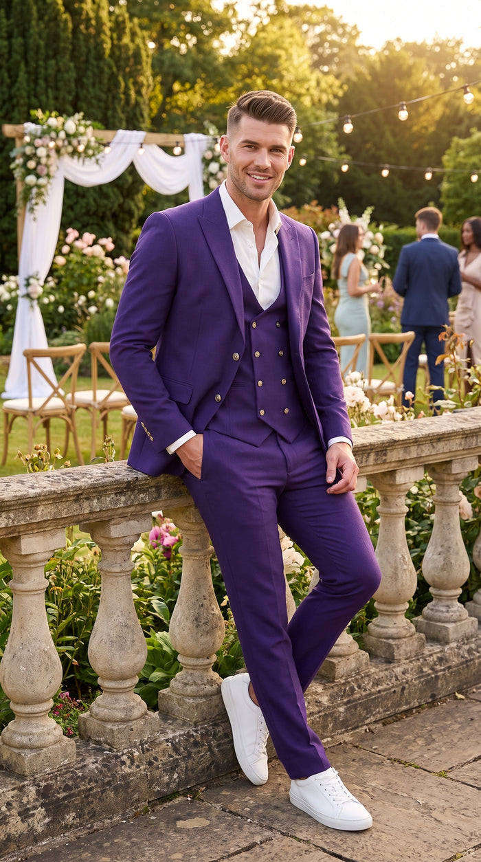 Men’s Purple and Gold 3 Piece Suit, Modern Fit Peak Lapel Wedding Prom Dress Suit