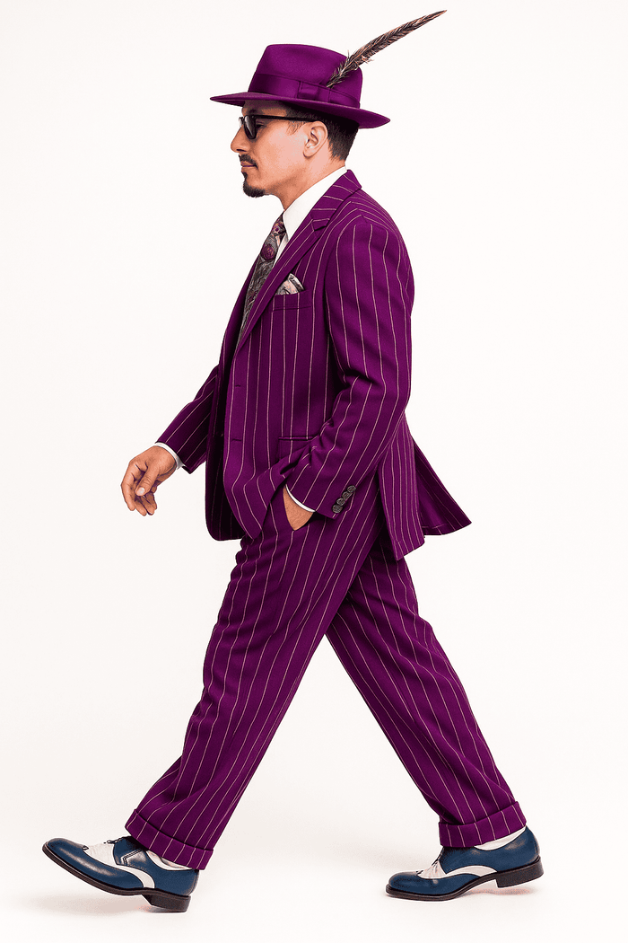 Purple pinstripe zoot suit: 3-piece (jacket, vest, pants). Jacket: structured shoulders, notched lapel. Wide-leg pants. Includes matching hat with feather. 1920s/30s style.