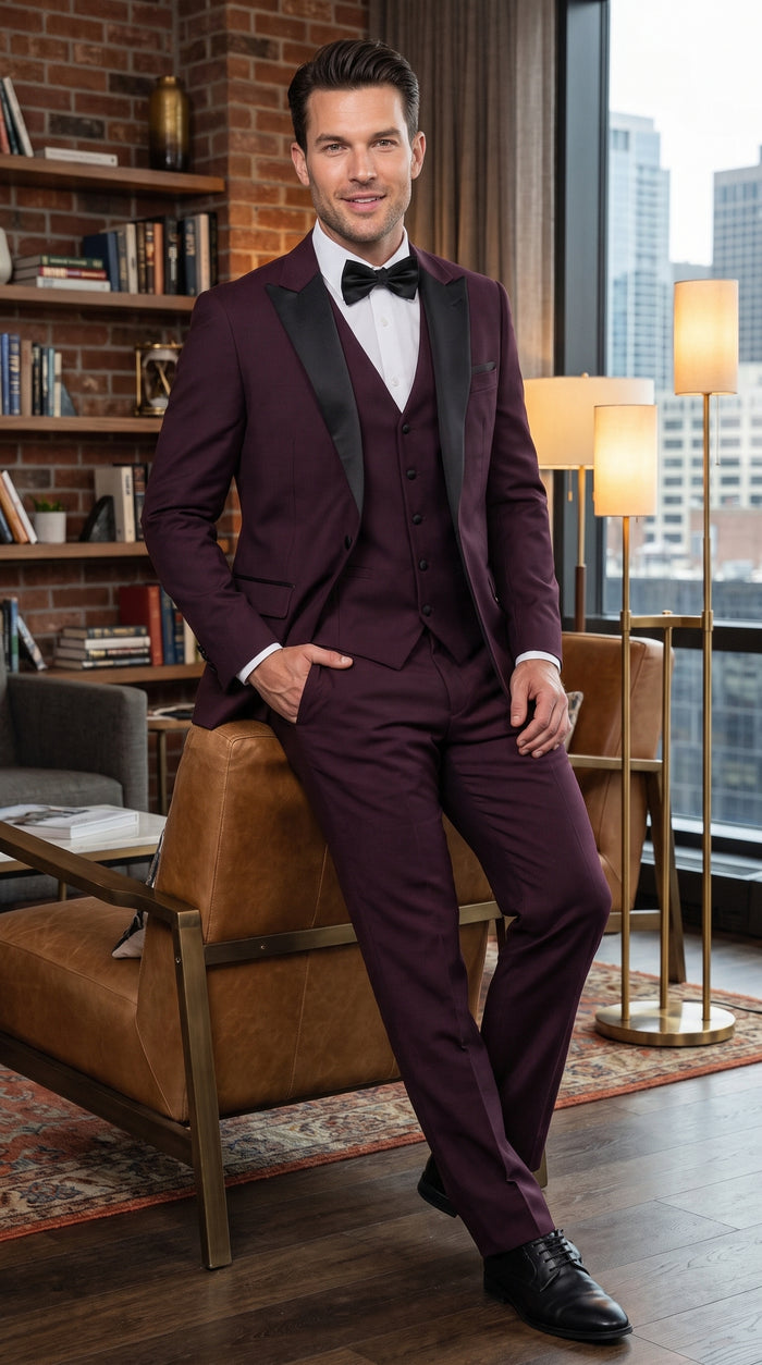 Alberto Men’s Burgundy 1 Button Peak Lapel Tuxedo, Formal Wedding Prom Dinner Suit