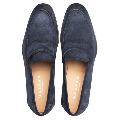 Men’s Mezlan Caro Navy Suede Penny Loafer – Luxury Handmade Leather Shoe from Spain