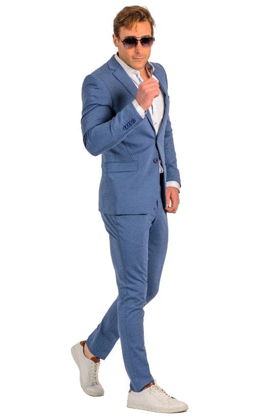Stretch Fabric Suits - Slim Fit Suit in Color MBlue - Giovanni Testi 2 button stretch Medium Blue Travel Suit GTRVL2N-01 M.BLUE