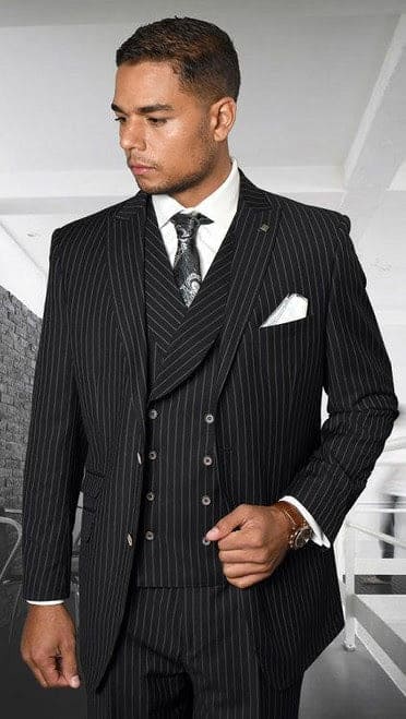 Statement Men's Black Pinstripe 3 Piece DB Vested Suit Zarelli