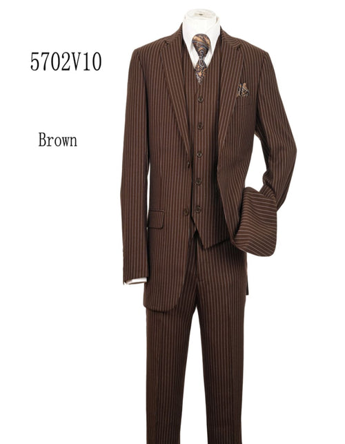 Men's Brown Pinstripe 3-Piece Suit with Matching Vest â€“ Classic Fit Business and Formal Attire