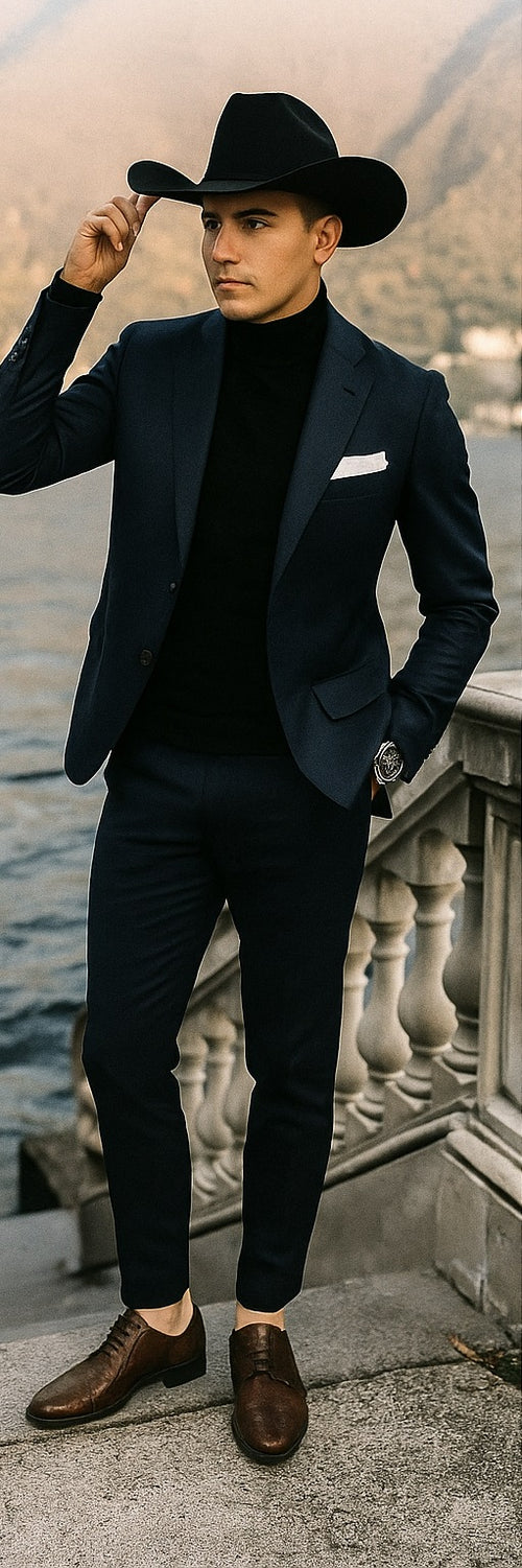 Men’s navy suit with black turtleneck and cowboy hat