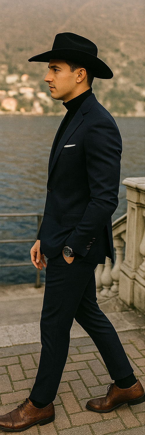 Classy men’s formal navy suit with brown boots