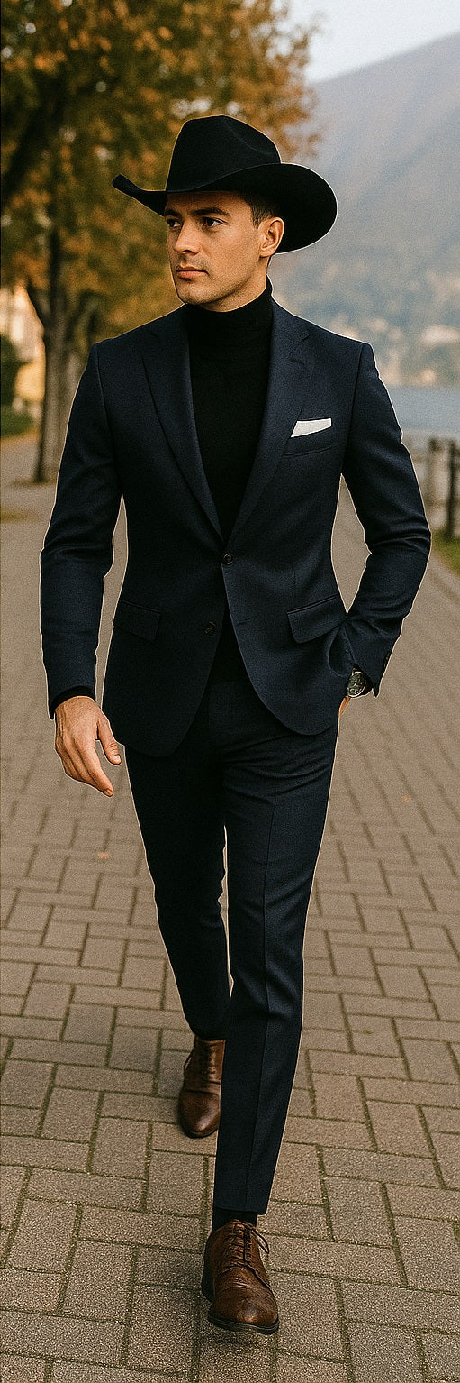 Western-style navy turtleneck suit outfit for men
