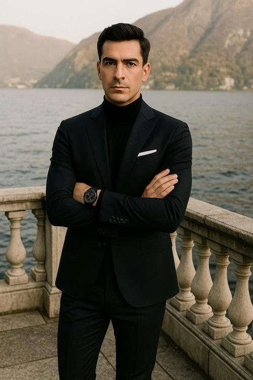 man in black suit and turtleneck 