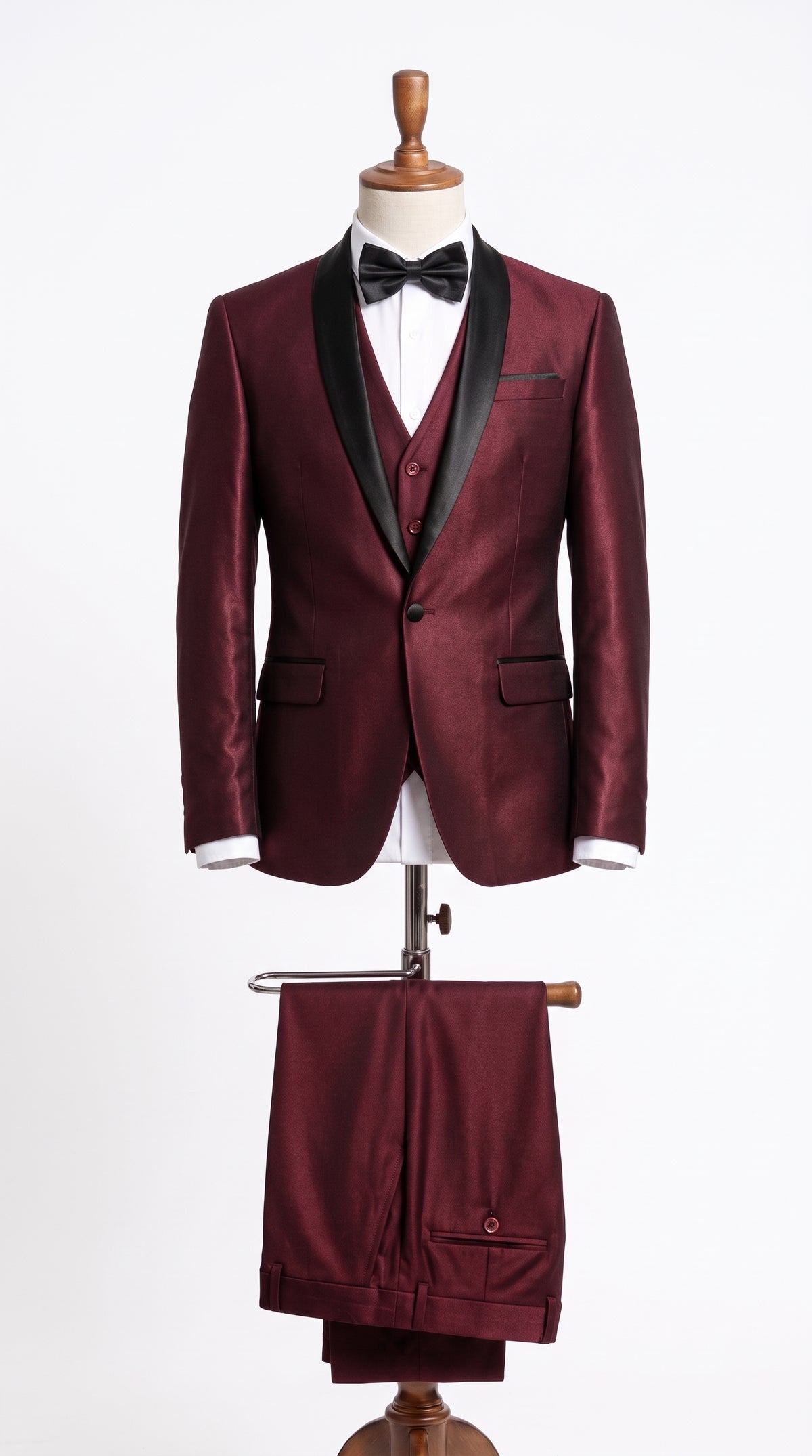 Men's Burgundy Sharkskin 3-Piece Tuxedo Suit – One Button Black Satin Shawl Lapel Vested Wedding & Prom Tuxedo