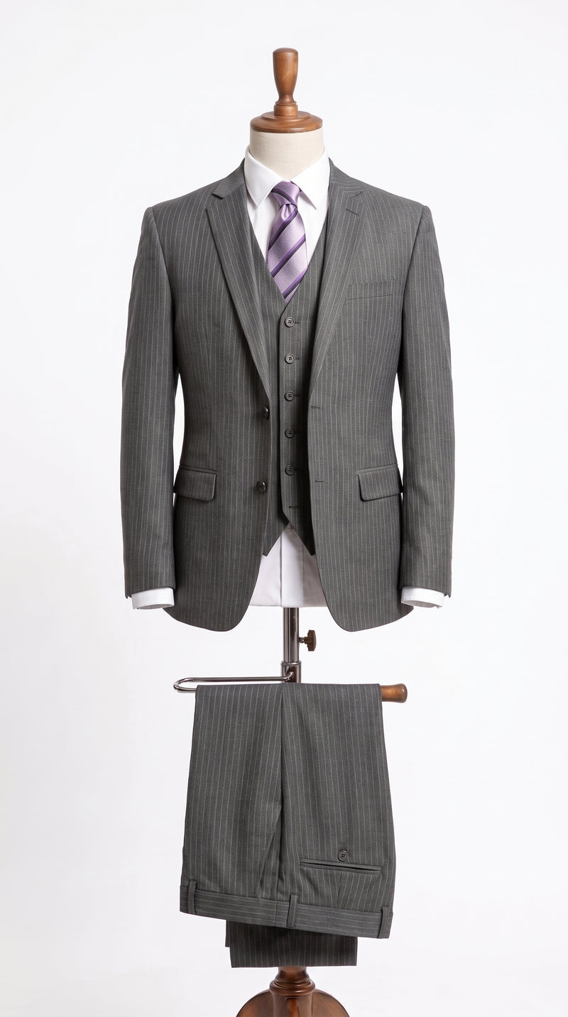 Men's Light Grey Pinstripe 3-Piece Vested Business Suit – Classic Two-Button Charcoal Gray Striped Formal Suit