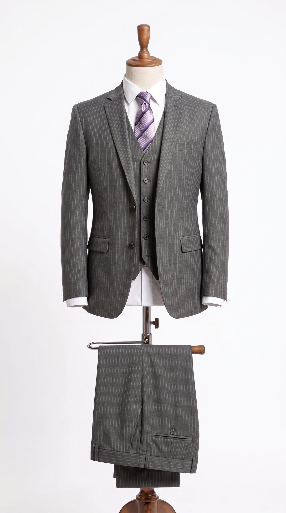 Men's Light Grey Pinstripe 3-Piece Vested Business Suit – Classic Two-Button Charcoal Gray Striped Formal Suit