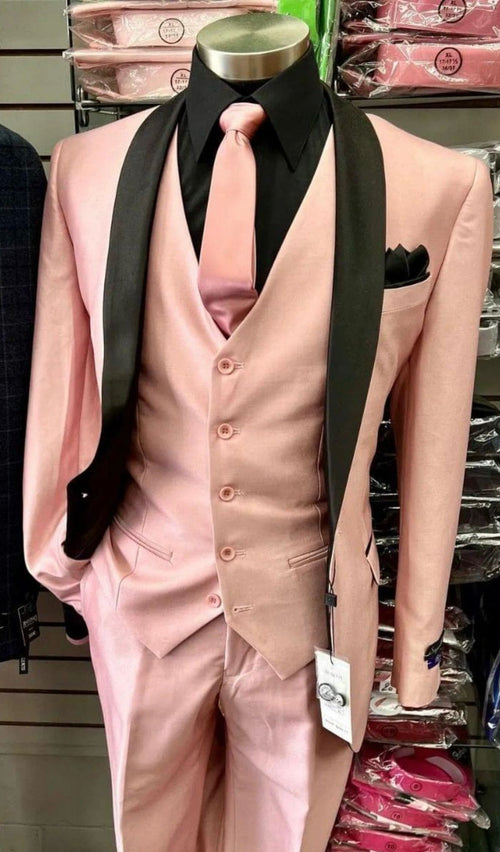 Men's Light Pink 3-Piece Tuxedo Suit with Black Satin Shawl Lapel – Formal Wear - Ultra Slim Fitted in Blush color
