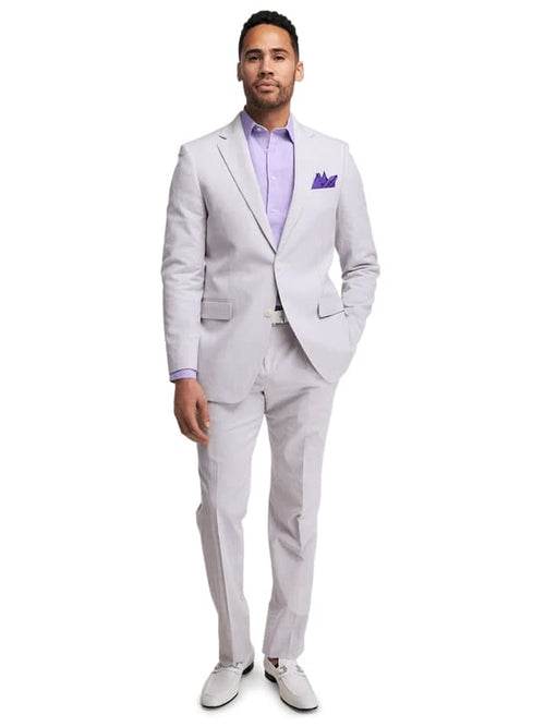 Men's lavender seersucker suit: cotton, blazer with 2-button closure, notch lapels. Includes straight-leg pants. Features classic seersucker texture.