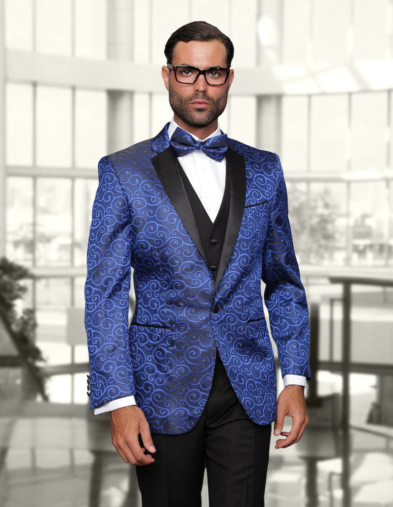 Royal blue swirl tuxedo for men. Features a notch lapel, smooth fabric, black trim, and a single-button closure. Includes a fitted vest.
