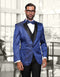 Royal blue swirl tuxedo for men. Features a notch lapel, smooth fabric, black trim, and a single-button closure. Includes a fitted vest.
