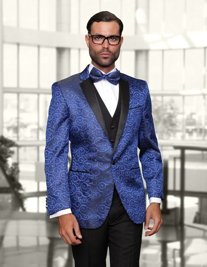 Royal blue swirl tuxedo for men. Features a notch lapel, smooth fabric, black trim, and a single-button closure. Includes a fitted vest.
