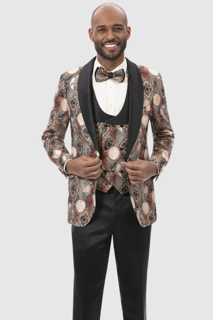 Men's Rust Geometric Pattern Tuxedo with Vest & Bowtie â€“ One Button Formal Suit