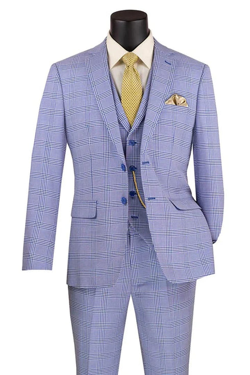 Plaid Suit - Windowpane Suit - Checkered Suit - Mens Vested Sky Blue Suit