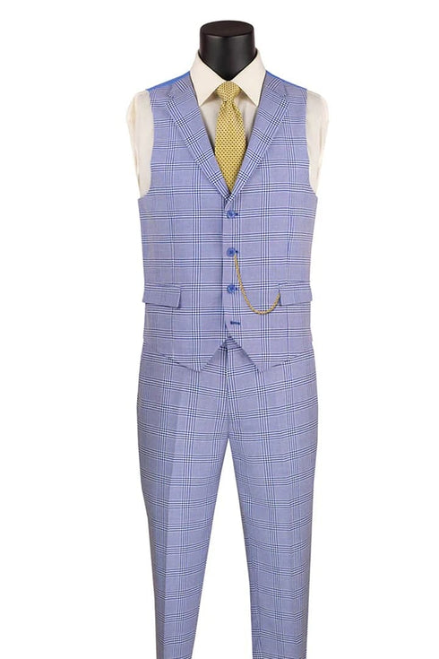 Plaid Suit - Windowpane Suit - Checkered Suit - Mens Vested Sky Blue Suit