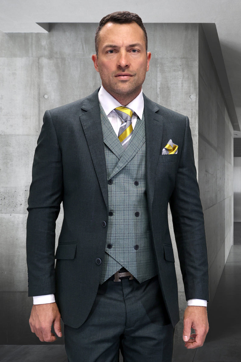 Men's hunter green wool suit with modern fit. Includes light green plaid double-breasted vest. Tailored jacket, narrow lapels. Designer look.

