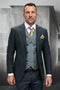 Men's hunter green wool suit with modern fit. Includes light green plaid double-breasted vest. Tailored jacket, narrow lapels. Designer look.
