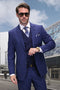 Men's indigo blue wool suit with a double-breasted plaid vest. Modern fit, structured shoulders, and a smooth texture. A stylish and sophisticated ensemble.
