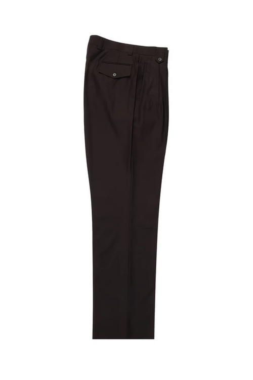 Tiglio Luxe brown wide-leg dress pants. Crafted from pure wool in a smooth, dark brown. Features flat front and single back pocket with a flap.
