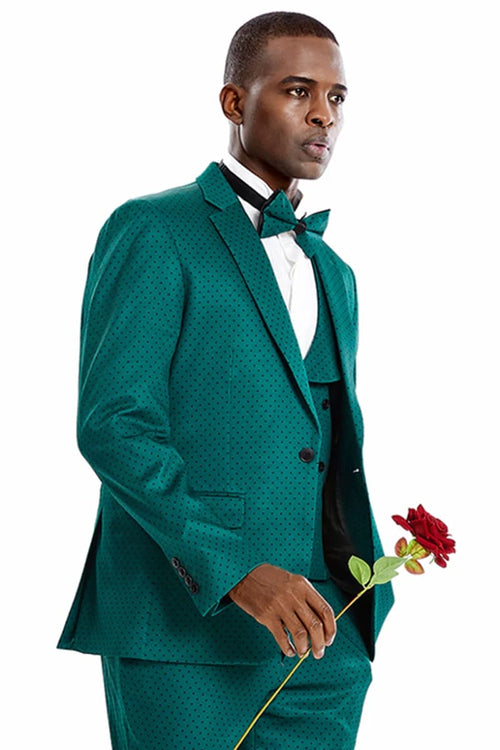 Green & black men's prom suit. One-button blazer, fitted, short polka dot. Includes matching vest & bow tie.
