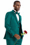 Green & black men's prom suit. One-button blazer, fitted, short polka dot. Includes matching vest & bow tie.
