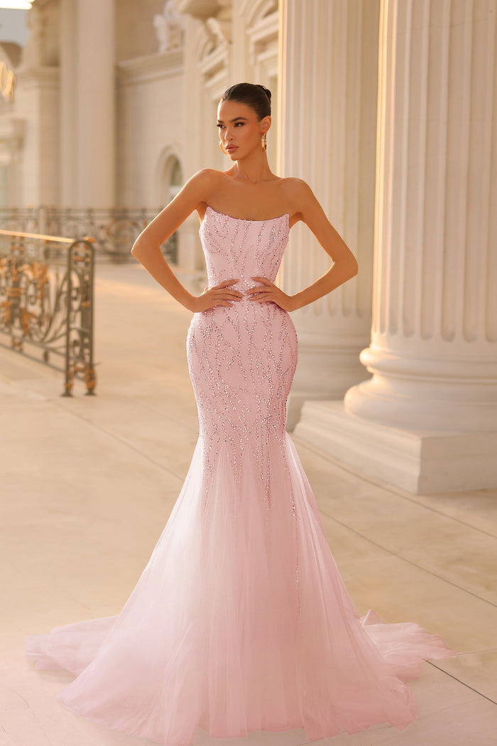 Tina Holly TK807 Prom Strapless Beaded Train Flowy Evening Lace Mesh Dress