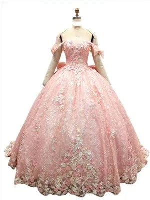 Off-Shoulder Quinceañera Gown with Floral Sweetheart Neckline & Corset Back Bow by Trevi TL3073C
