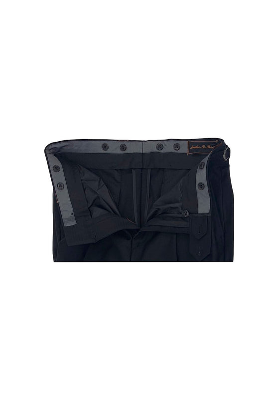 Tiglio Luxe black wool Marbella dress pants. Semi-wide leg with a smooth waistband, multiple button closures, and a tailored fit. Interior view.
