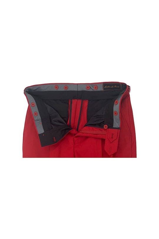 Vibrant red Tiglio Luxe Marbella dress pants. Semi-wide leg, smooth wool texture. Multiple-button waistband with gray interior. Tailored shape, widening at the legs.

