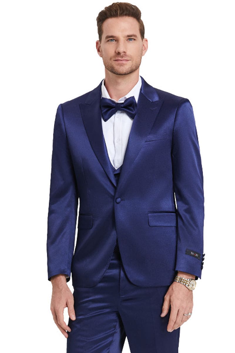 "Indigo Navy Men's Sharkskin Satin Prom 2026 & Wedding Suit - One Button Vested"
