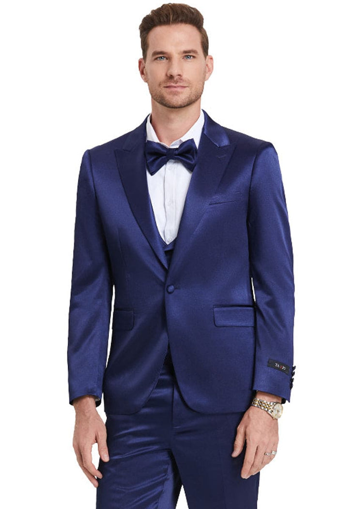 "Indigo Navy Men's Sharkskin Satin Prom 2026 & Wedding Suit - One Button Vested"