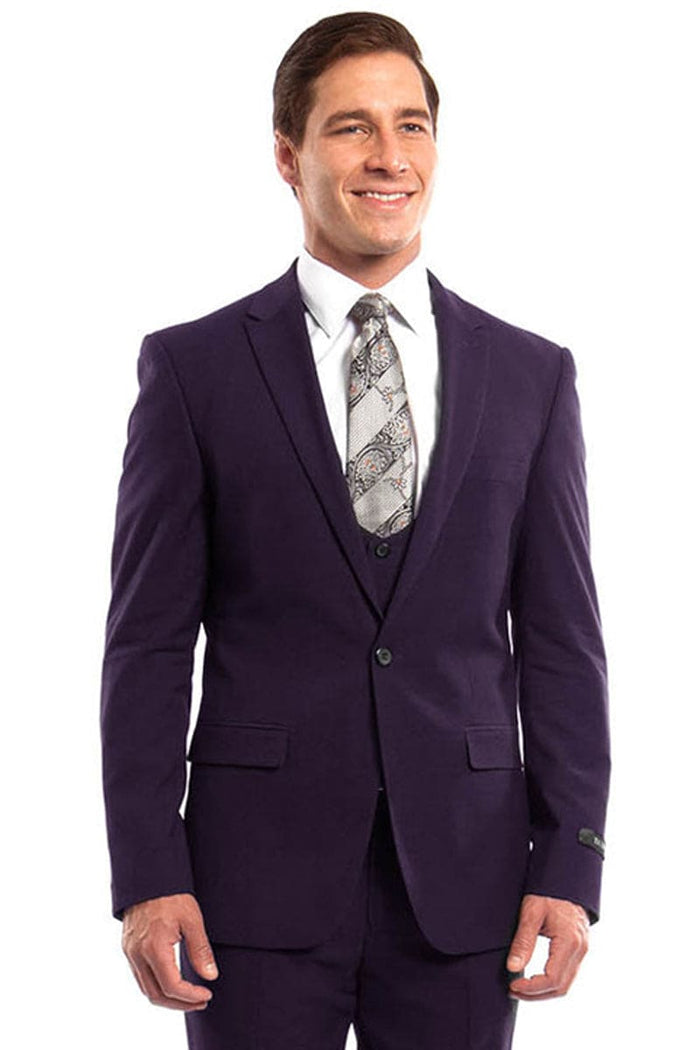 "Eggplant Men's Wedding & Prom 2026 Suit - One Button, Peak Lapel, Skinny Fit with Lowcut Vest"