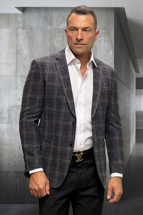 Men's modern-fit black windowpane plaid sport coat. Wool-cashmere blend. Structured, notched lapel, single-button closure, and patch pockets. Soft texture.
