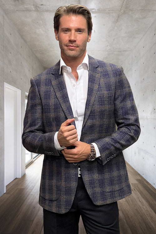 Navy windowpane plaid sport coat for men. Modern fit, single-breasted, patch pockets. Wool cashmere blend. Classic blue with lighter plaid lines. Structured silhouette.
