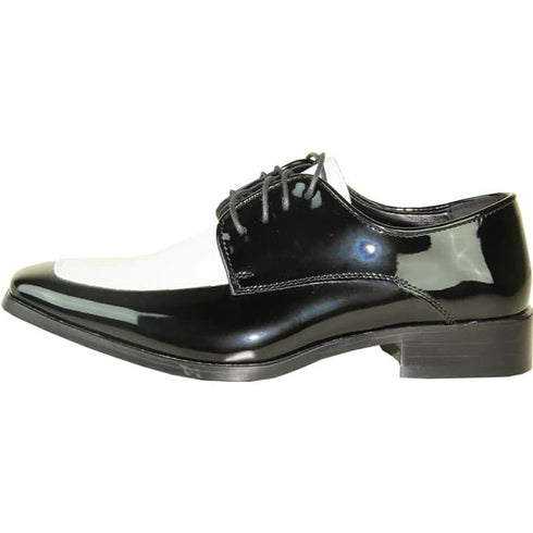 Mens Classic Moc Toe Shiny Patent Tuxedo Prom Shoe In Black & White