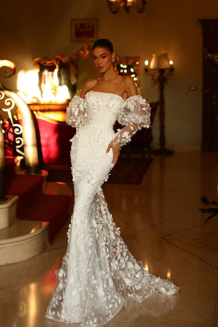 Tina Holly TW121W Wedding Mermaid Strapless 3D Evening Lace Lace Dress