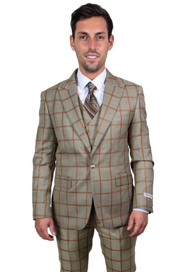 Mens Stacy Adams Suit - Stacy Adams Suit Men's Vested Suit - Tan & Gold Windowpane Plaid, One Button Peak Lapel