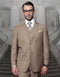 Men's bronze wool-blend suit. Classic fit, pleated pants, 2-button jacket with notched lapels and front pockets. Tailored, structured silhouette.
