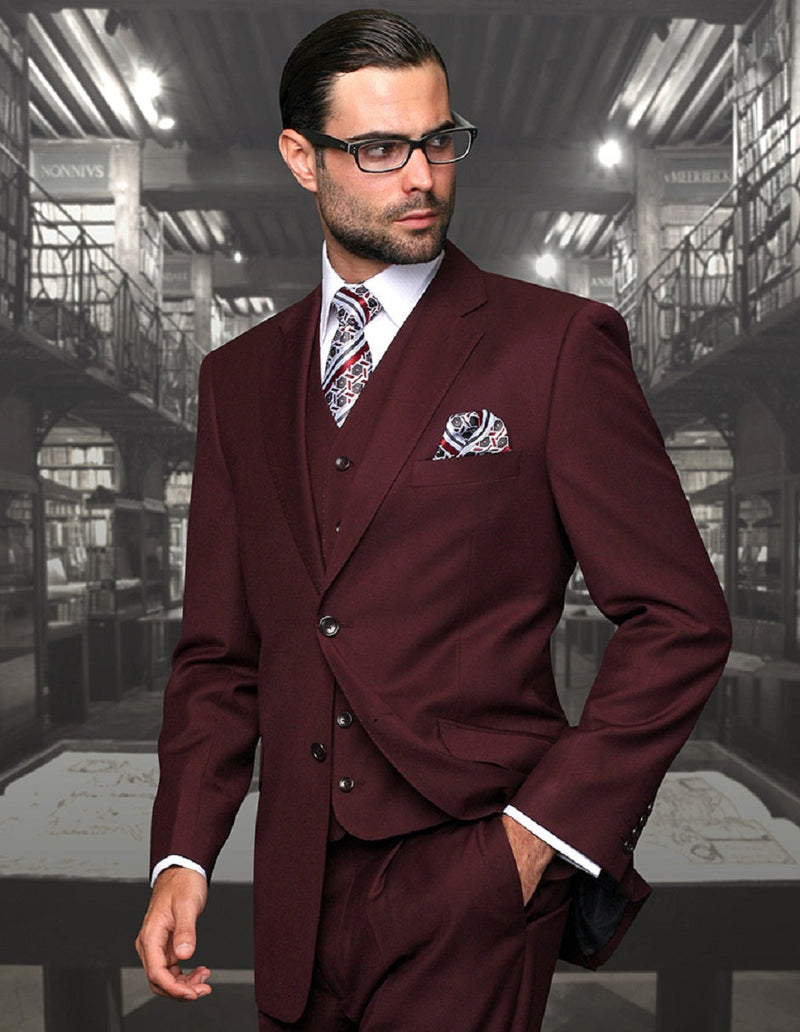 Burgundy men's wool suit with a classic fit. Features a 2-button jacket, single-breasted design, and pleated pants. Includes a vest for a layered, formal style.