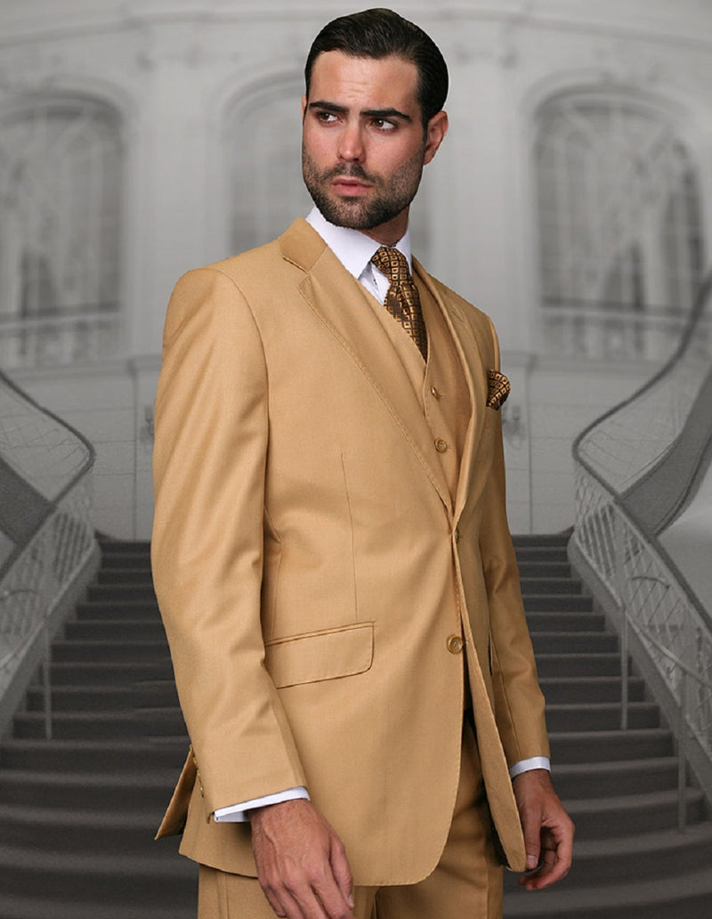 Men's camel wool suit: classic fit, pleated pants, 2-button jacket. Features notched lapel, two front pockets, and button-detailed cuffs. Lightweight wool construction.