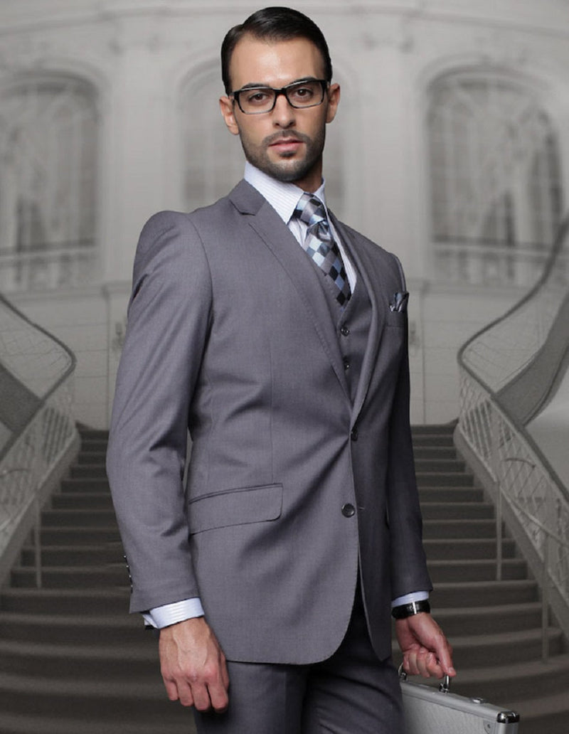 Men's classic fit, 2-button wool suit in heather charcoal grey. Features a tailored jacket with notched lapel & pleated trousers. Crafted from smooth, subtly sheened wool. Classic design.