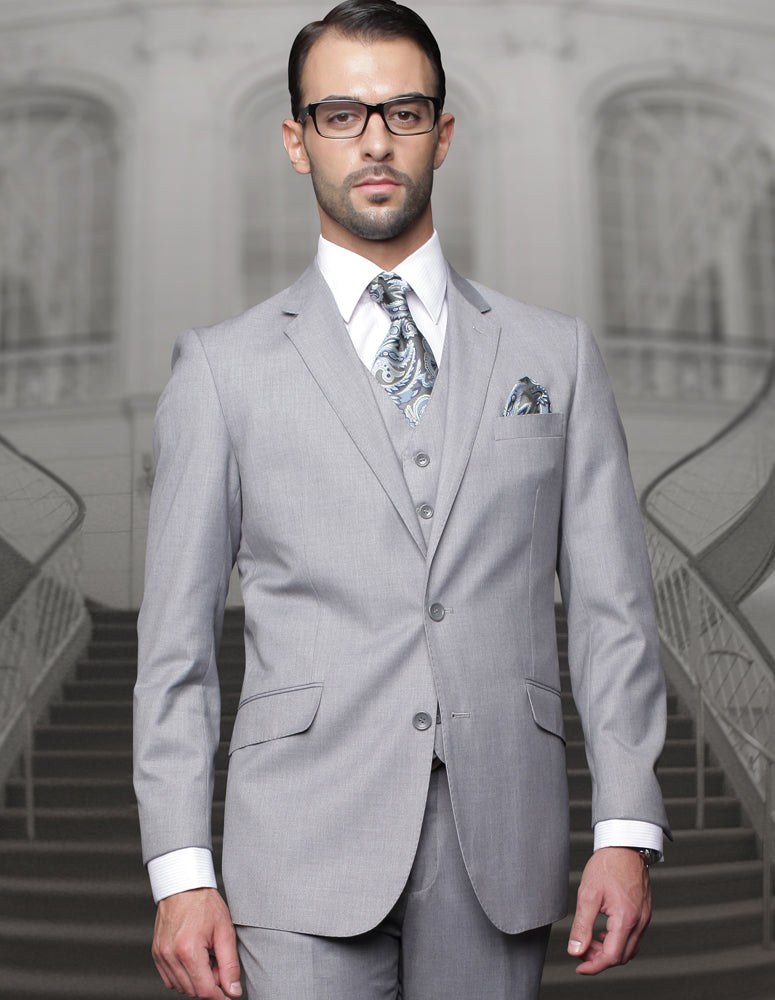 Men's Statement Grey Wool Suit: Classic fit, pleated pants, 2-button jacket, notched lapel. Light grey, smooth finish. Tailored, not overly fitted. Includes shirt and tie.