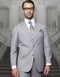 Men's Statement Grey Wool Suit: Classic fit, pleated pants, 2-button jacket, notched lapel. Light grey, smooth finish. Tailored, not overly fitted. Includes shirt and tie.