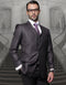 Men's charcoal grey wool suit with a classic fit. Features a 2-button blazer with notched lapel and pleated trousers. Structured silhouette with a smooth fabric texture.
