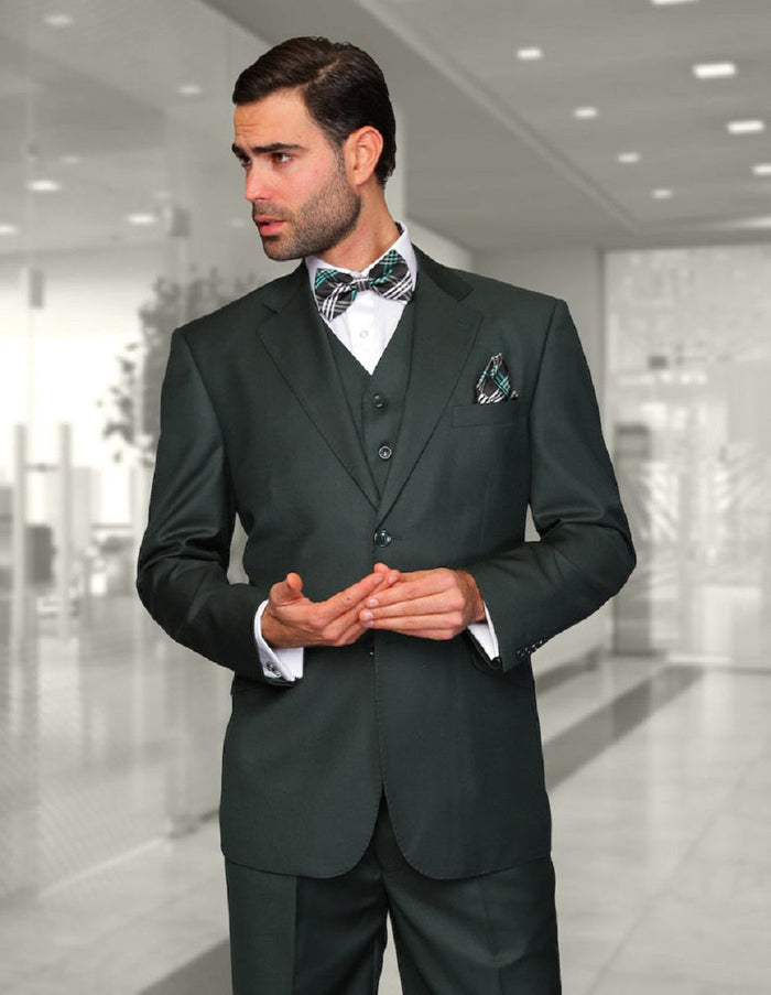 Men's hunter green, classic fit wool suit. Includes a 2-button blazer with notch lapel and pleated trousers. Smooth, solid fabric.